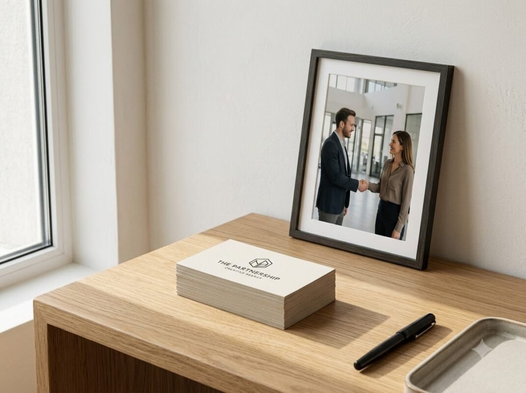 Stack of custom standard visiting cards and a framed photo of professional siblings, representing a unique Bhai Dooj gift.