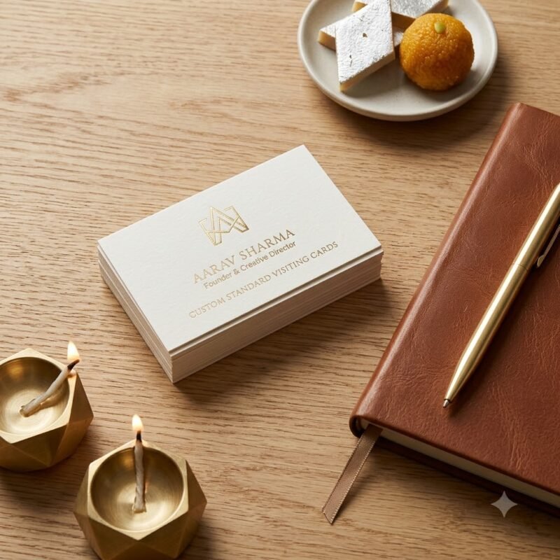 Modern minimalist flat lay of premium Custom Standard Visiting Cards on a wooden desk with festive diyas.