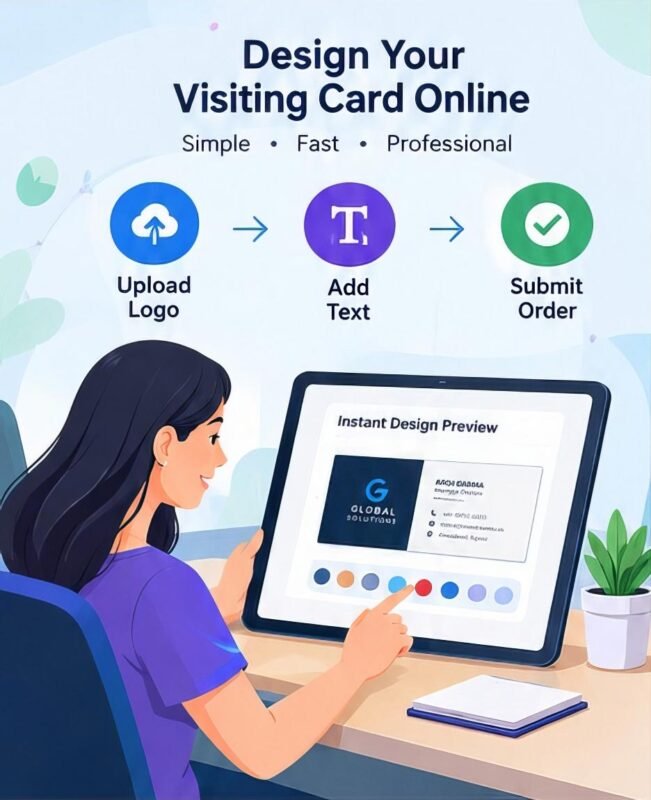 An illustration of a user easily designing and ordering custom business cards online in India on a tablet interface.