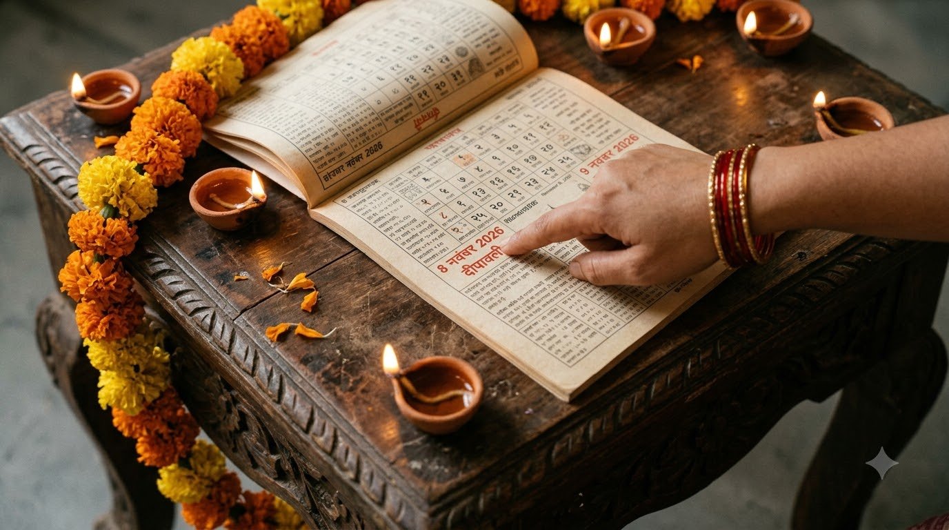A close-up photograph of an Indian hand pointing to the date Sunday, November 8, 2026, on a traditional Hindu calendar, surrounded by lit earthen diyas, marking the main day of Diwali.