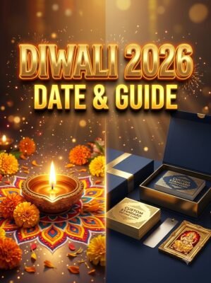 Bright, eye-catching 1:1 square graphic showing Diwali diyas, festive corporate gifts, and text reading Diwali 2026 Date and Guide for WhatsYourPrint.