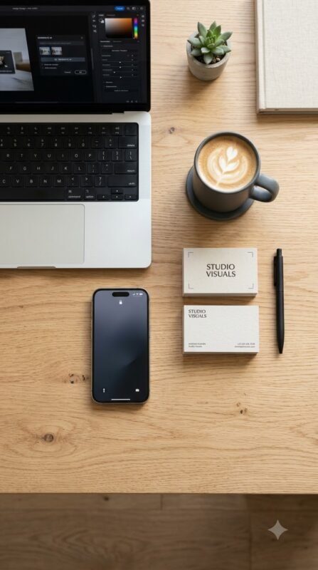 Online free gemini watermark remover workflow displayed on a clean office desk with custom business cards.