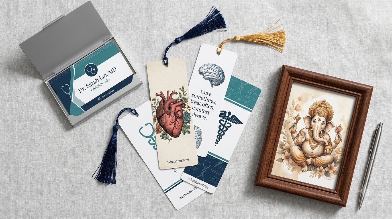 A coordinated suite of branded medical products including business cards, bookmarks, and a photo frame.