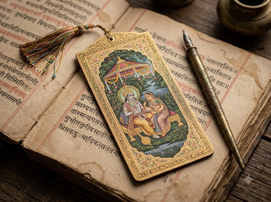 Traditional painting style depicting the story of Yamraj and Yamuna, the origin of Bhai Dooj, featured on a frame.