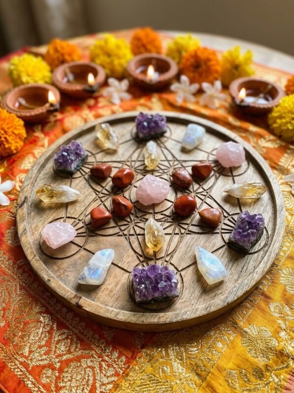 A selection of vibrant healing crystals on a decorative tray for Navratri 2026.