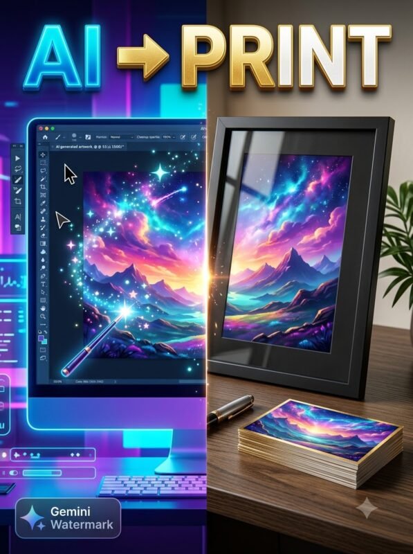 Online free gemini watermark remover and logo remover banner showing digital cleanup to physical print transformation.
