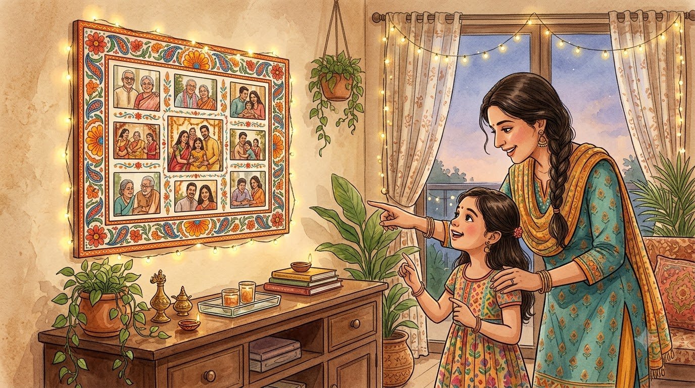 A charming digital illustration of a happy mother and daughter admiring a personalized Collage Photo Frame for gifting filled with family memories, decorated with festive string lights for Diwali.