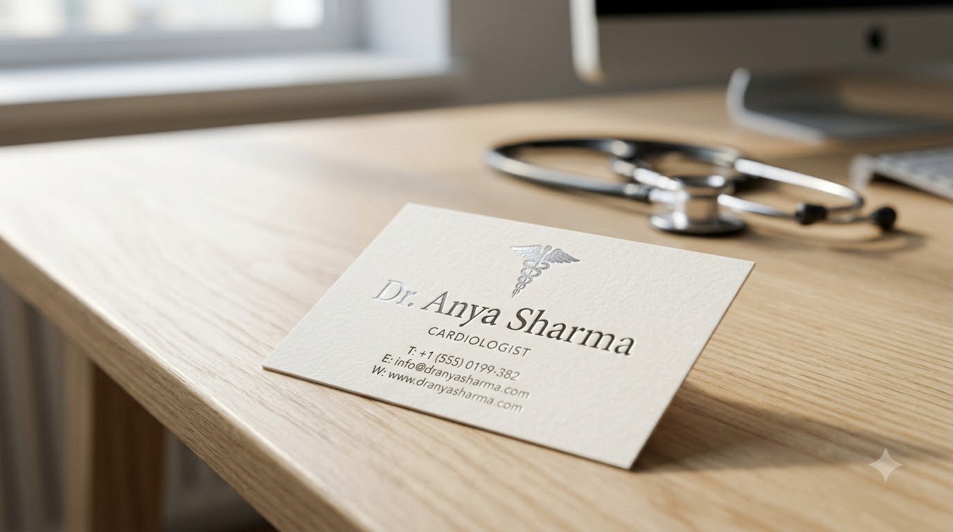 A high-end custom doctor business card with a metallic silver foil logo resting on a clinic desk.