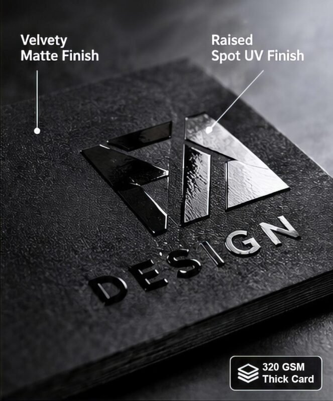 An extreme macro close-up showcasing the contrast between raised Spot UV gloss coating and velvety matte finish on a custom business card.