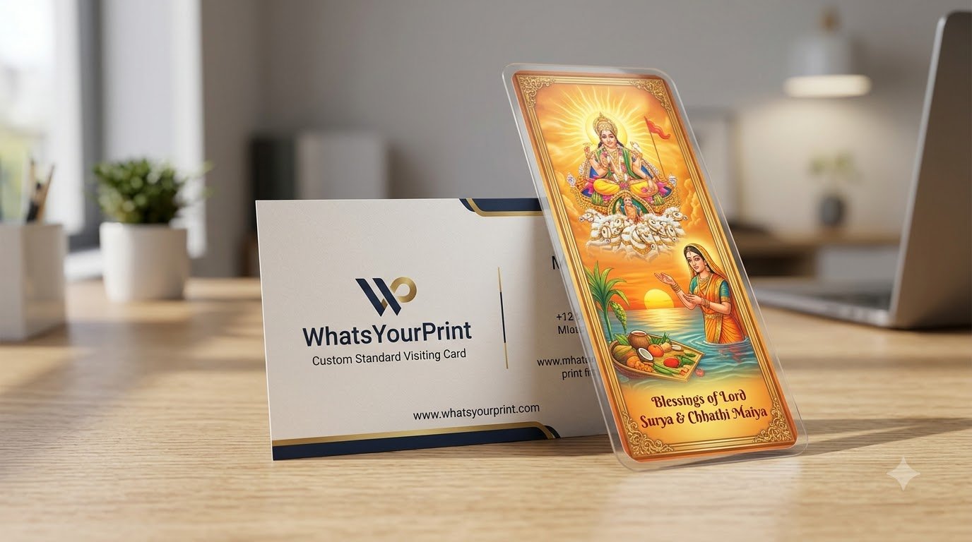 Premium custom standard visiting card and a divine Surya Dev bookmark photo frame from WhatsYourPrint.